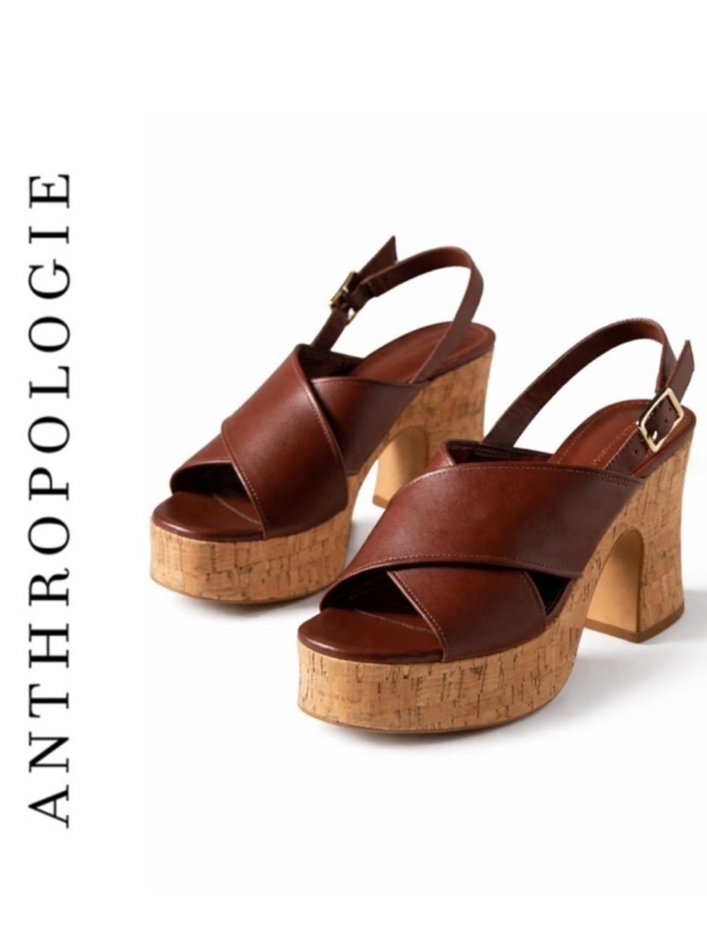 Anthropologie Leather Cork Platform Slingback Shoes Size EU 40/US 9